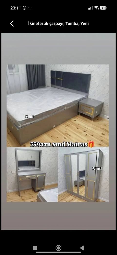 Yataq otağı dəsti Tərkibi: - İkinəfərlik çarpayı (yumşaq başlıq, boz — 759 ₼ · Баку · Yataq otağı mobilya dəstləri Yataq otağı dəsti Tərkibi: - İkinəfərlik çarpayı (yumşaq başlıq, boz — Баку