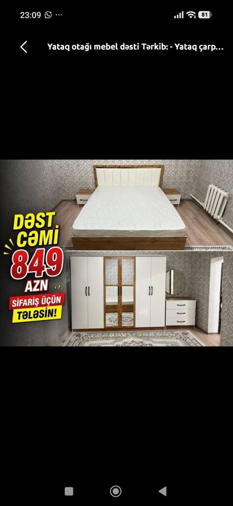 Yataq otağı mebel dəsti Tərkibi: - İkinefərlik çarpayı (yumşaq — 849 ₼ · Баку · Yataq otağı mobilya dəstləri Yataq otağı mebel dəsti Tərkibi: - İkinefərlik çarpayı (yumşaq — Баку