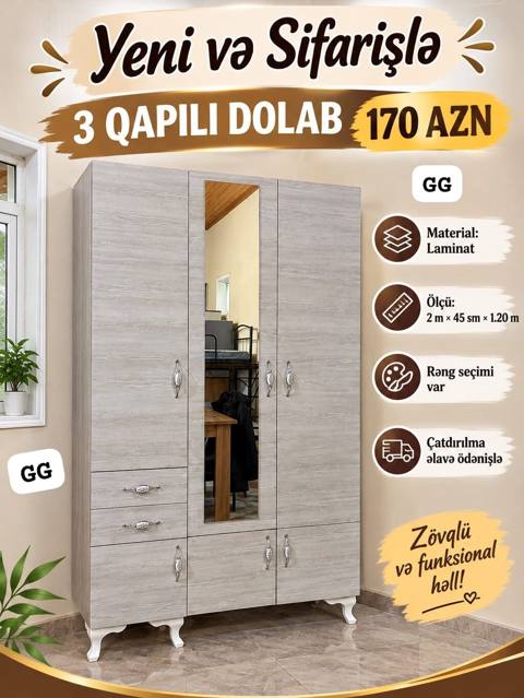 3 qapılı dolab – zövqlü və funksional həll Material: laminat — Masazır