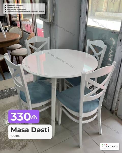 Məhsul: Dairəvi Masa Dəsti - Ölçü: 90 sm - Stul sayı: 4 ədəd — Konforto Mebel — მაგიდები და სკამები