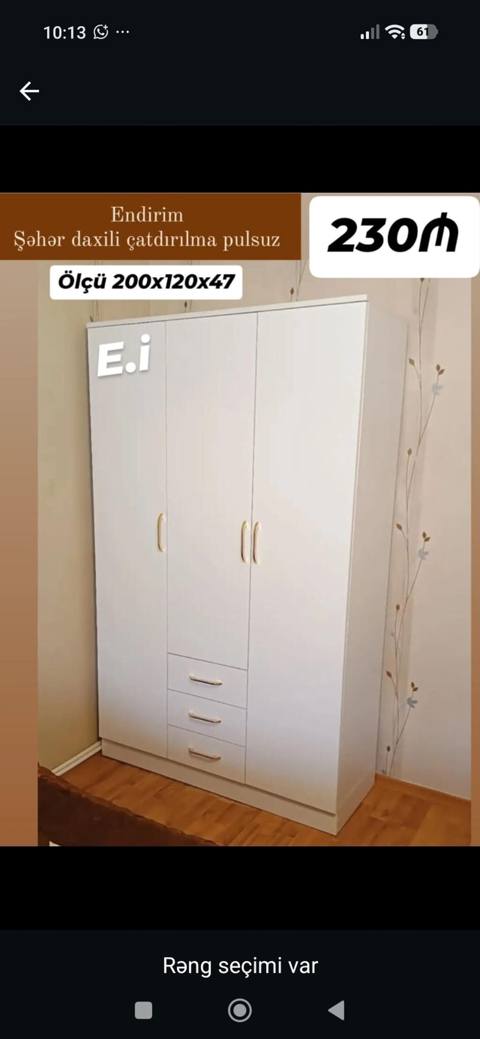 Ağ rəngli üç qapılı paltar şkafı - Ölçü: 200 x 120 x 47 sm - Dəst: 3 — Баку