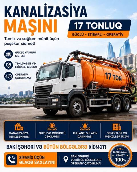 Kanalizasiya maşını ilə peşəkar xidmət - 17 tonluq kanalizasiya — 10 ₼ · Digah · Santexnika və kommunikasiyalar Kanalizasiya maşını ilə peşəkar xidmət - 17 tonluq kanalizasiya — Digah