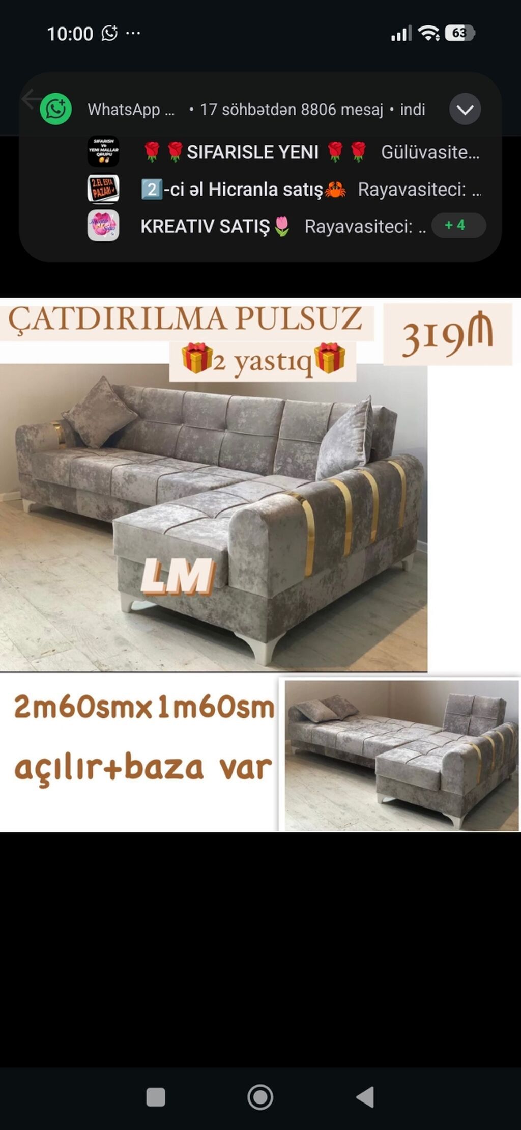 Künc divan – açılır, bazalı model Ölçü: 2m60sm x 1m60sm Material — Divanlər, Bakı
