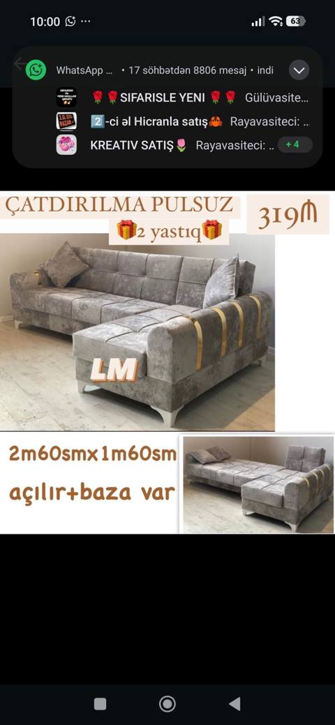 Künc divan – açılır, bazalı model Ölçü: 2m60sm x 1m60sm Material — Baku