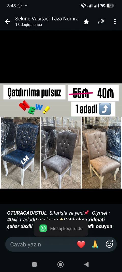 _*Oturacaq/stul*_ _Sifarişlə və yeni Qiymət *40₼*( 1 ədədi) — 40 ₼ · Baku · Stullar _*Oturacaq/stul*_ _Sifarişlə və yeni Qiymət *40₼*( 1 ədədi) — Baku