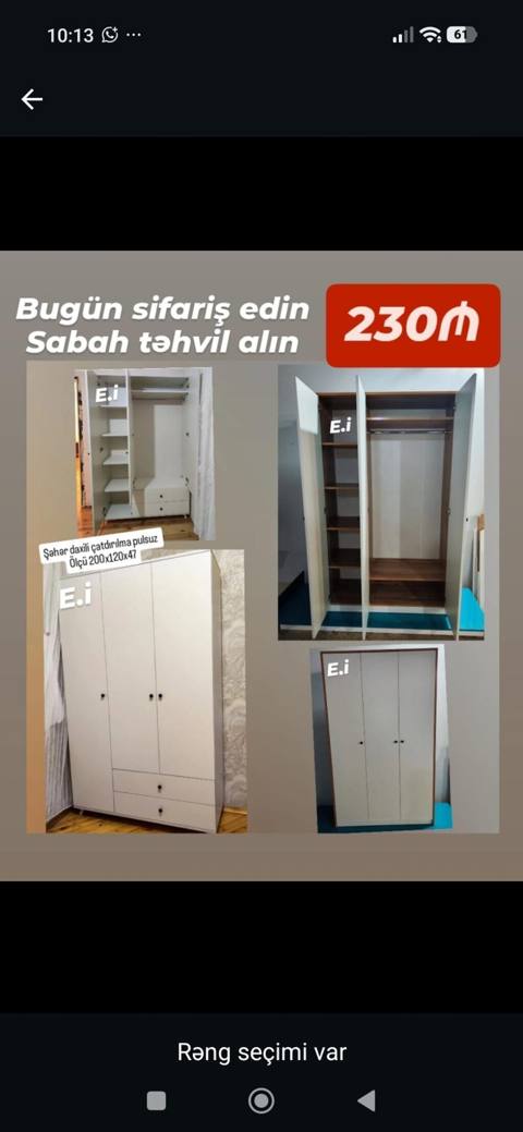 3 qapılı paltar şkafı – 230₼ - Ölçü: 200×120×47 sm - Daxili quruluş — Баку