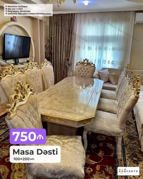 Masa Dəsti – 100×200 sm - Klassik üslubda, qızılı dekorlu, mərmərə — Баку