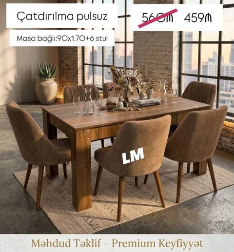 Premium keyfiyyətli yemək otağı dəsti - Komplekt: 1 masa + 6 stul — Masazir