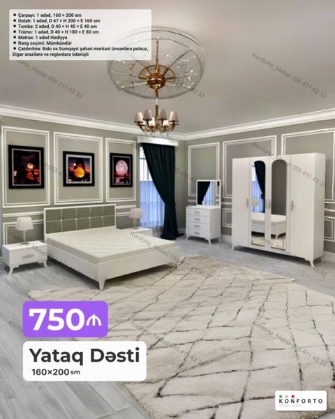 Yataq Dəsti – 160×200 sm Komplekt: - Çarpayı: 1 ədəd, 160×200 sm — Baku