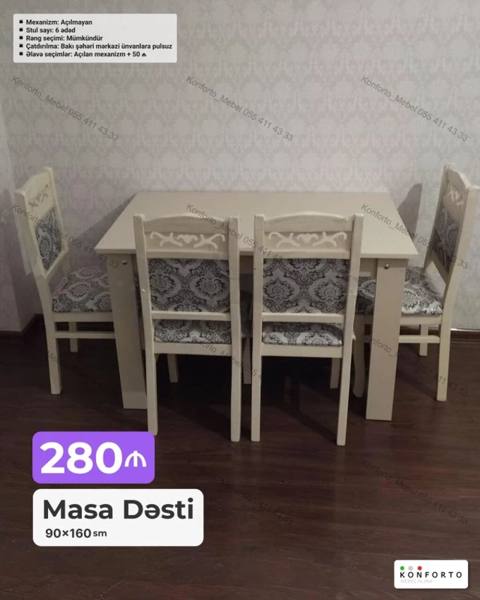 Masa Dəsti – 90×160 sm - Masa mexanizmi: açılmayan - Stul sayı: 6 — Баку