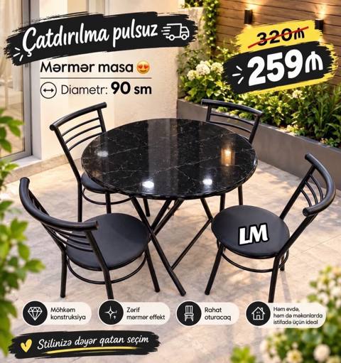 Mərmər effekti ilə dairəvi masa dəsti - Diametr: 90 sm - Masa üstü — Masazir