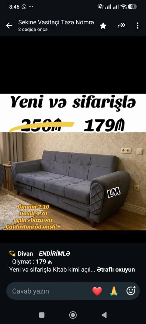 *Divan* _*Endirimlə*_ Qiymət *179 Yeni və sifarişlə — Baku