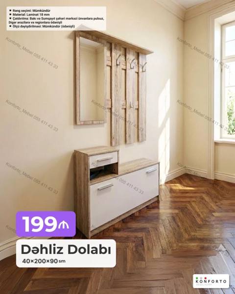 Dəhliz dolabı – 40×200×90 sm Dizayn: Ayna, üst panellərdə 4 — Baku