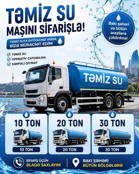 Təmiz su maşını ilə çatdırılma xidməti - Təmiz su - Operativ — 10 ₼ · Digah · Santexnika və kommunikasiyalar Təmiz su maşını ilə çatdırılma xidməti - Təmiz su - Operativ — Digah