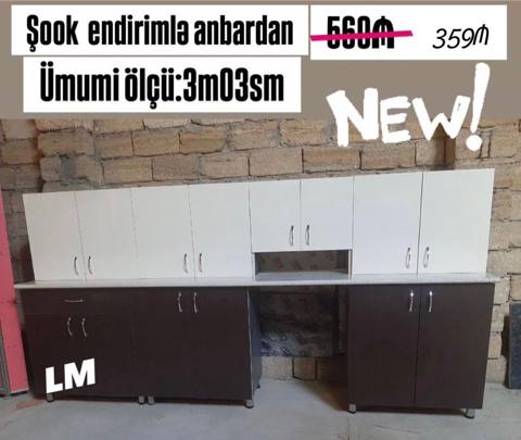 Mətbəx mebeli dəsti - Ümumi ölçü: 3 m 03 sm - Yuxarı hissə: ağ rəngli — Masazır