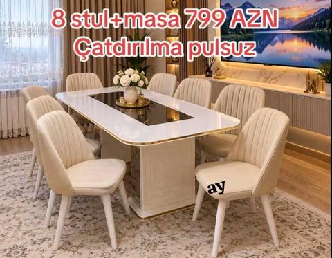 Yemək otağı dəsti - Komplekt: 1 masa + 8 stul - Qiymət: 799 AZN — 799 ₼ · Баку · Masalar və stullar Yemək otağı dəsti - Komplekt: 1 masa + 8 stul - Qiymət: 799 AZN — Баку