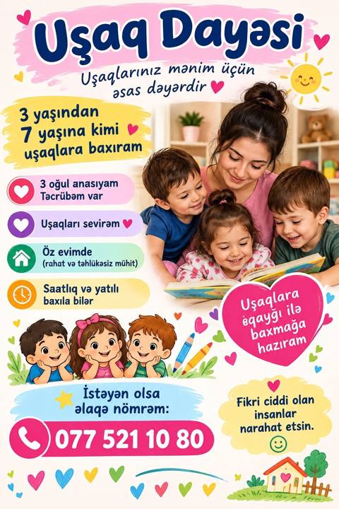 Uşaq dayəsi xidməti - 3 yaşdan 7 yaşa qədər uşaqlara baxılır - 3 oğul — Saray