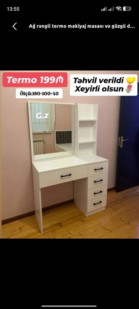 Ağ rəngli termo makiyaj masası və güzgü dəsti - Material: termo — Digah