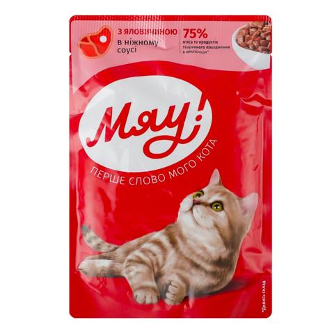 Nəm yem Мяу pişiklər üçün, mal əti ilə zərif sousda, 85 q — Baku