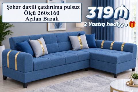 Künc divan – mavi rəng, qızılı dekor zolaqları ilə - Ölçü: 260x160 sm — ucuz.mebel — Жиһаз