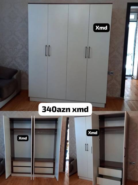 Ağ rəngdə 3 qapılı paltar şkafı - Ümumi dizayn: ağ ön panellər, tünd — Ucuz serfeli Mebel — Жиһаз