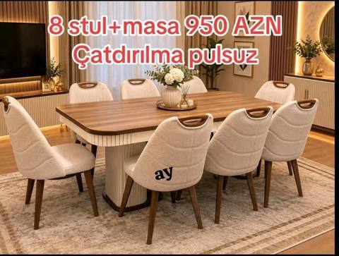 Yemək otağı dəsti – 8 stul + masa - Komplekt: 1 ədəd geniş yemək — Baku