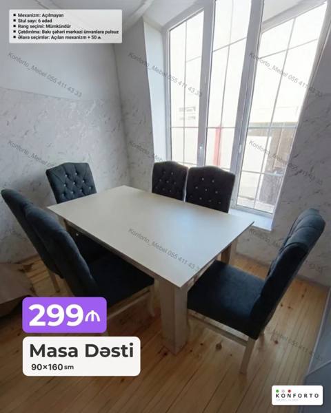 Masa Dəsti – 90×160 sm - Komplekt: 1 ədəd masa + 6 ədəd stul — Mebel