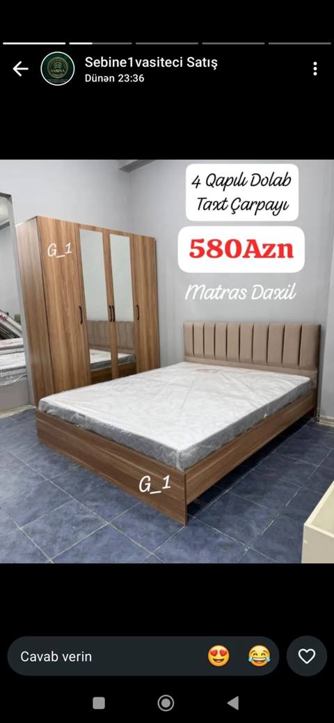Yataq otağı dəsti – 4 qapılı dolab + taxt çarpayı Qiymət: 580 AZN — Mobilya