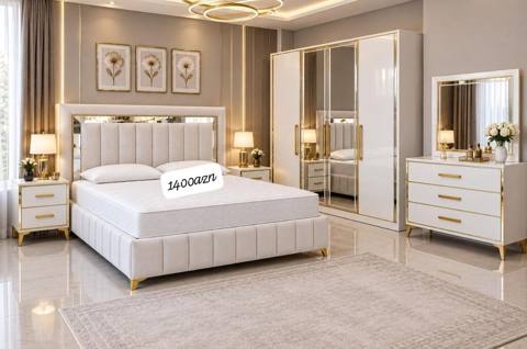 Yataq otağı mebel dəsti – zərif krem rəngli, qızılı detallar və güzgü — Digah