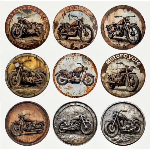 Retro motosiklet temalı dairəvi altlıqlar (koasterlər) – 9 ədəd dəst — 20 ₼ · Масазыр · Süfrə sərvisin üçün əşyalar Retro motosiklet temalı dairəvi altlıqlar (koasterlər) – 9 ədəd dəst — Масазыр