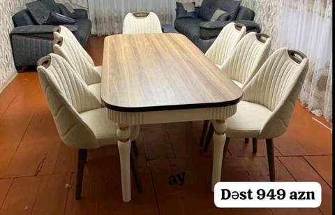 Yemək otağı üçün masa-stul dəsti - Komplekt: 1 masa + 6 stul - Masa — Stollar va stullar