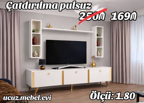 TV stendi və divar rəfləri dəsti - Rəng: ağ, qızılı detallar — Mobilya