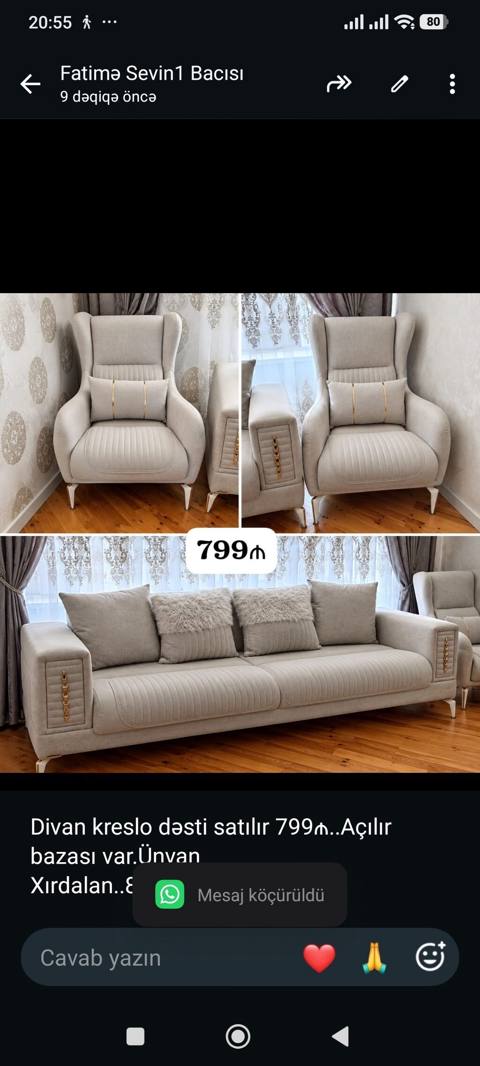 Divan kreslo dəsti satılır 799₼. Açılır bazası var.Ünvan — Mobilya
