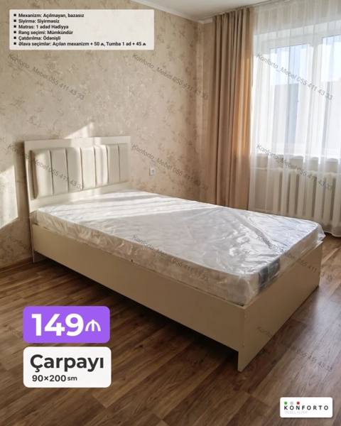 Məhsul: Çarpayı Ölçü: 90×200 sm Rəng: Seçimi mümkündür — Furniture
