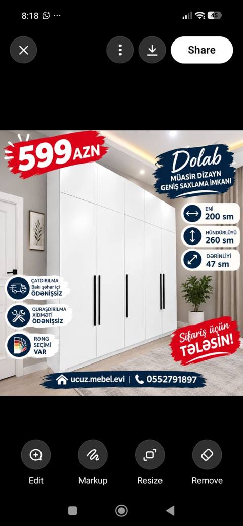 Müasir dizaynlı paltar dolabı – geniş saxlama imkanı ilə. Ölçülər — Baku