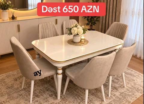 Yemək otağı dəsti – masa və 6 stul - Rəng: krem/şampan tonları — Stollar va stullar