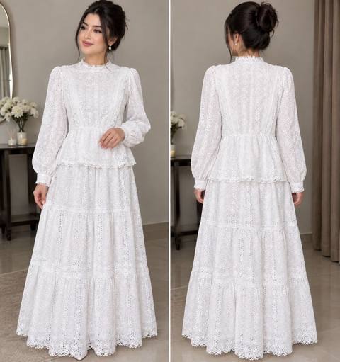 Ağ rəngli, zərif göz-naxışlı (broderie anglaise) maxi don. - Yüksək — Сальян