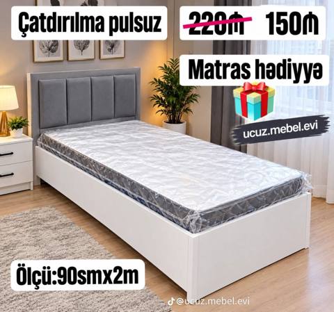 Tək nəfərlik çarpayı – ölçü: 90 sm x 2 m. Müasir minimal dizayn — Bakı