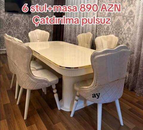 Yemək otağı dəsti – 1 masa + 6 stul - Masa: parlaq krem rəngində — Тауарлар