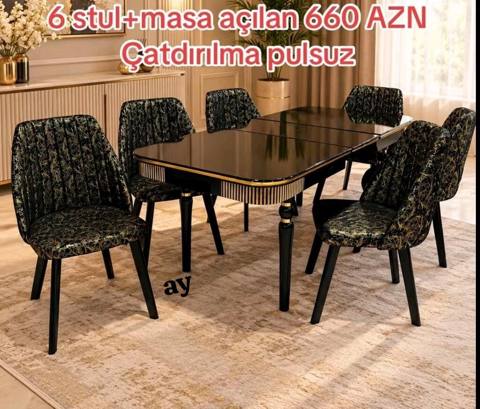 Yemək otağı dəsti – 6 stul + açılan masa - Masa: parlaq qara üst — Stollar va stullar