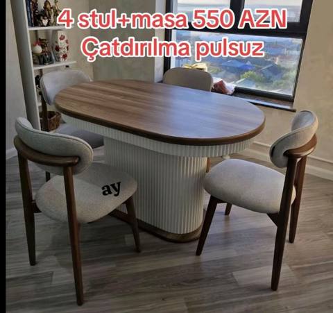 4 stul + masa dəsti - 1 ədəd oval formalı yemək masası, taxta — Stollar va stullar