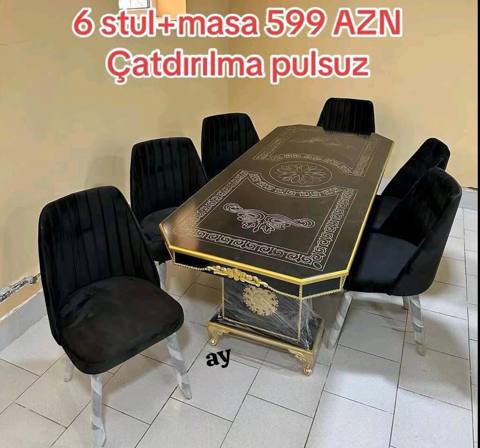 6 stul + masa dəsti - Dəst: 1 ədəd düzbucaqlı yemək masası və 6 ədəd — Stollar va stullar