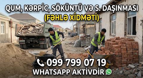 Fəhlə xidməti – qum, kərpic və söküntü daşınması Hər növ fəhlə — 1 ₼ · Xırdalan · Tikinti xidmətləri Fəhlə xidməti – qum, kərpic və söküntü daşınması Hər növ fəhlə — Xırdalan