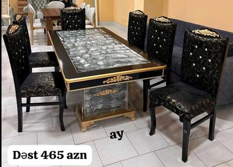Yemək otağı dəsti – 1 masa + 6 stul - Dizayn: Qara-qızılı klassik — ucuz.mebel — Жиһаз