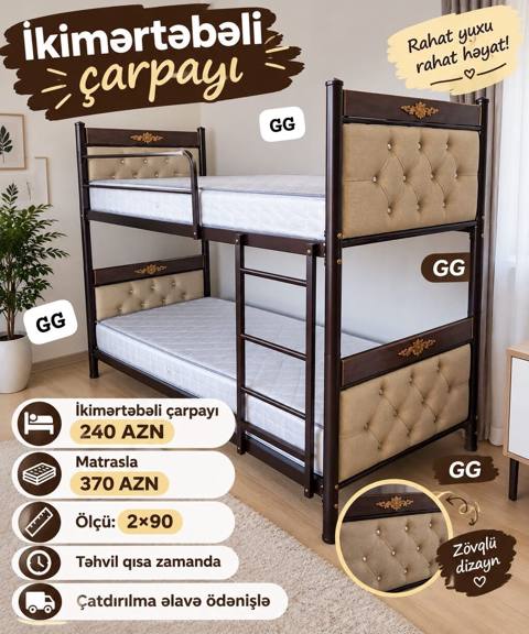 İkimərtəbəli çarpayı – zövqlü dizayn və rahat yuxu - Material: metal — 240 ₼ · Bakı · Yataqlar İkimərtəbəli çarpayı – zövqlü dizayn və rahat yuxu - Material: metal — Bakı