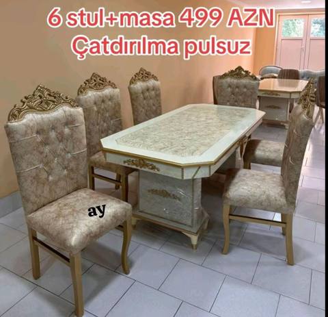 Yemək otağı dəsti – 1 masa + 6 stul - Klassik dizaynlı dəst: yumşaq — Stollar va stullar
