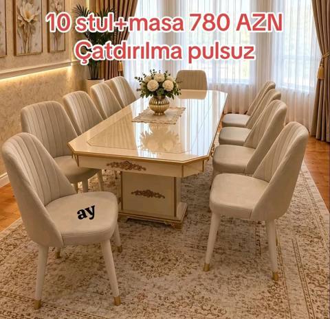 Yemək otağı dəsti – 1 masa + 10 stul - Klassik-modern dizayn: krem — 780 ₼ · Дигях · Masalar və stullar Yemək otağı dəsti – 1 masa + 10 stul - Klassik-modern dizayn: krem — Дигях
