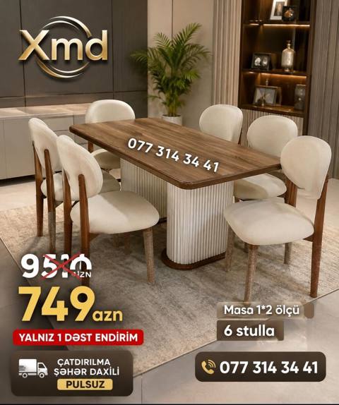 Xmd yemək masa dəsti - Komplekt: 1 masa + 6 stul - Masa ölçüsü: 1 2 — Ucuz serfeli Mebel — Жиһаз