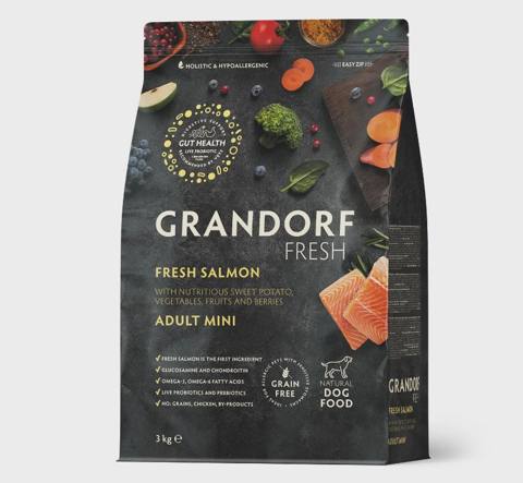 Grandorf Fresh Holistic Hypoallergenic Dog Adult Mini Fresh Salmon — holistik sinifli dənəsiz quru yem, canlı probiotiklərlə, kiçik cinsli yetkin itlər üçün, qızılbalıq dadı ilə (çəki ilə) — Baku