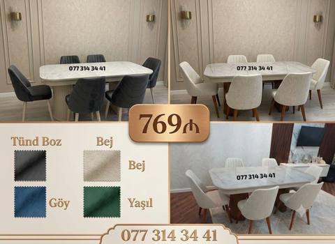 Yemək otağı üçün modern masa və 6 ədəd stul dəsti - Zərif mərmər — Ucuz serfeli Mebel — Mebel